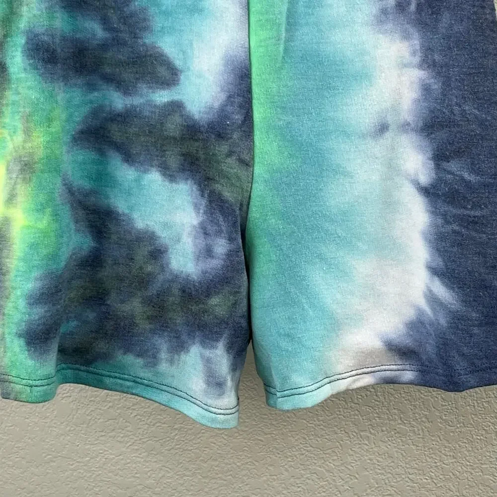 New Shopin LA Blue Green Multi Tie Dye Elastic Waist Sweat Shorts L Gorpcore